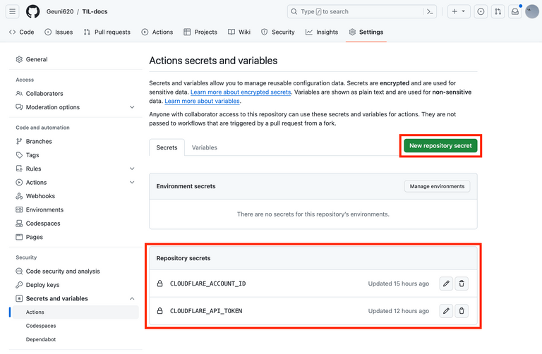 github repo에서 다음과 같이 Token을 저장한다.